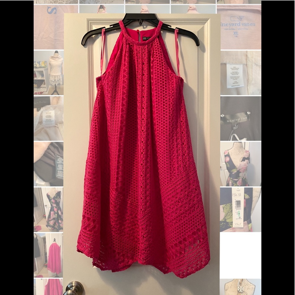 Maggie London petite hot pink crochet halter